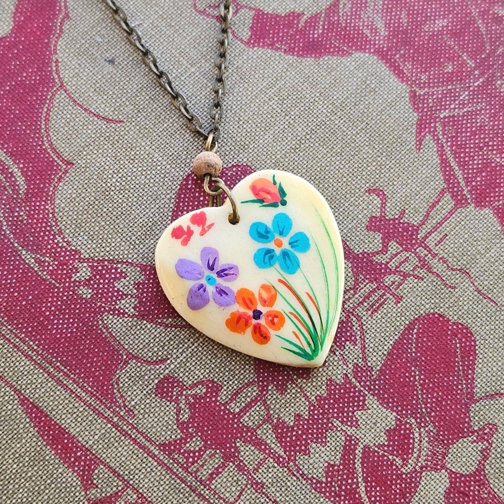 Vtg 90s Hand Painted Floral Heart Pendant Necklace Bone Antler Handmade